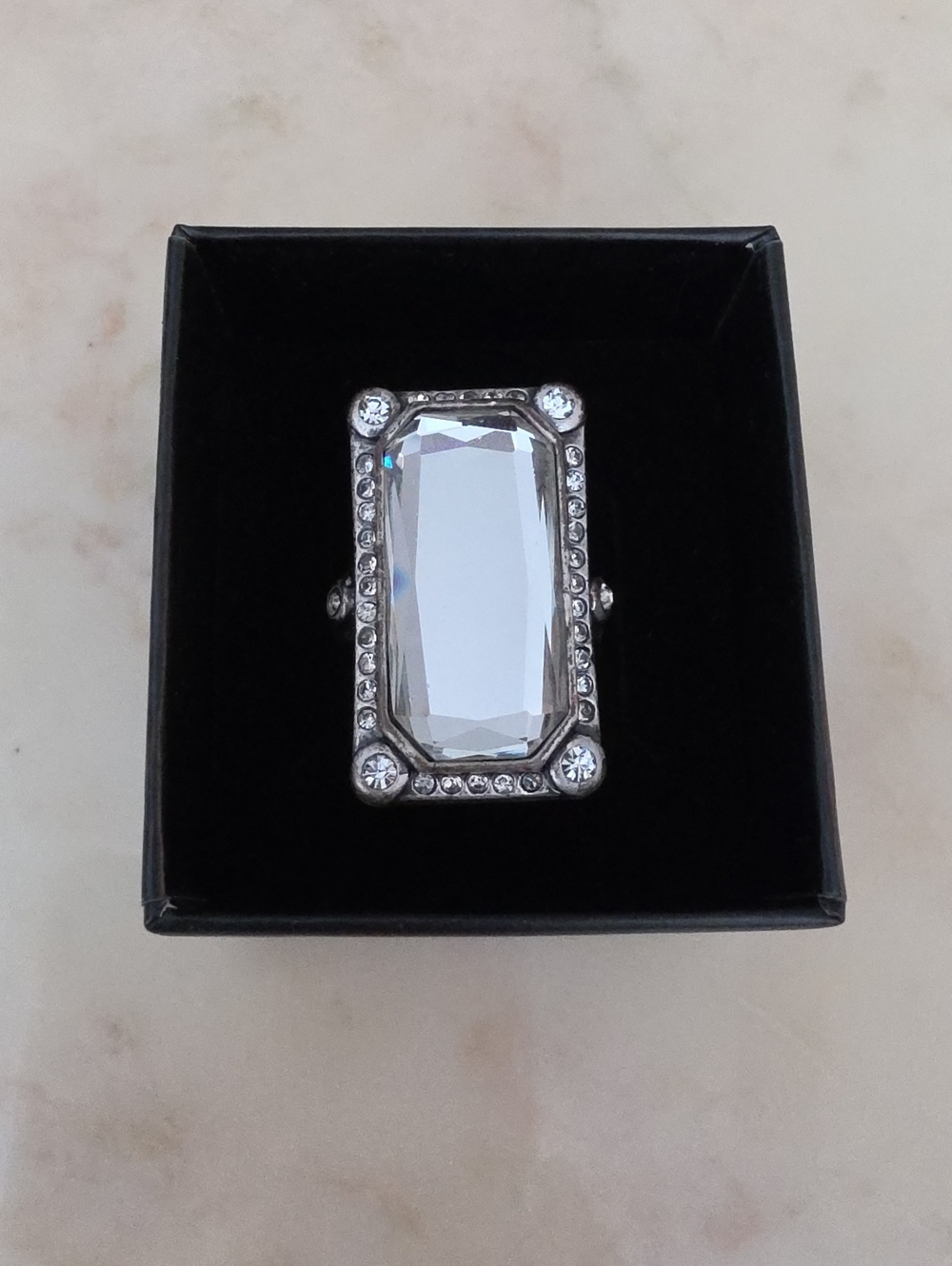 Lia Sophia Clear Crystal Rectangular Cocktail Ring - Silver Tone